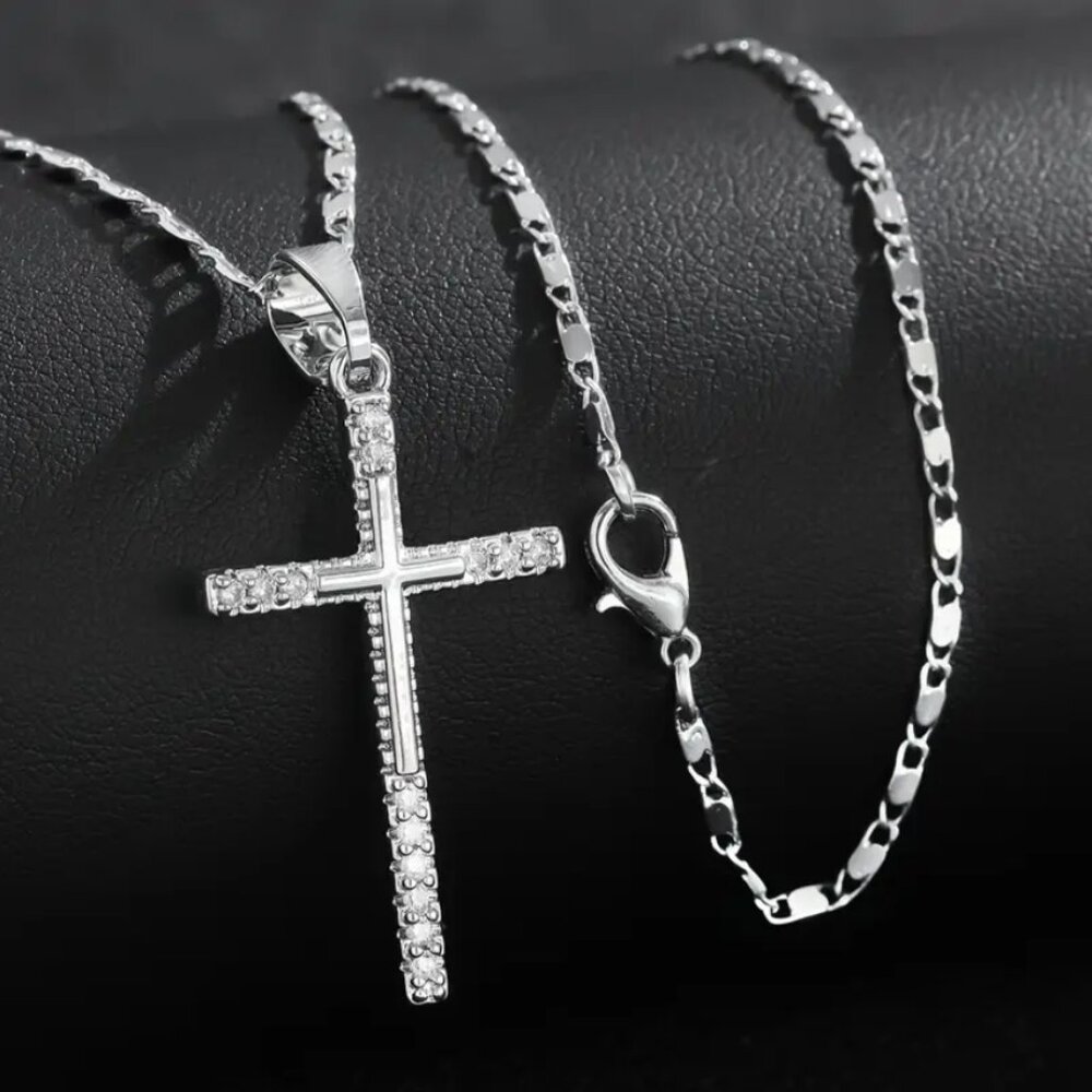 925 Sterling Silver Mens 20" Chain Link Cross Necklace Guys Christian Jewelry